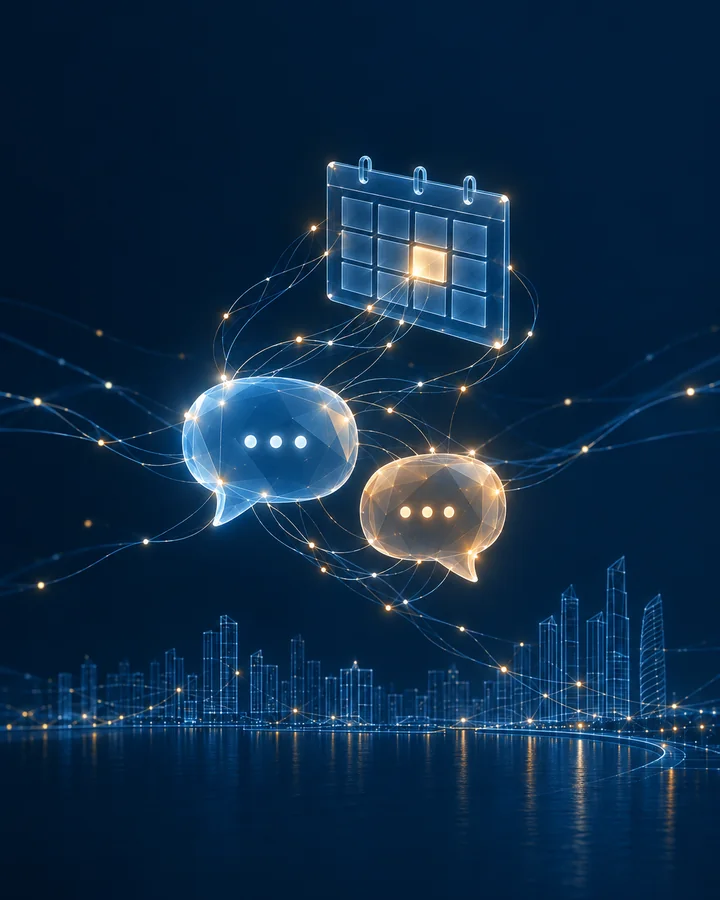 Illustration of two conversation bubbles connected to a calendar with a booked appointment, over the Panama City skyline